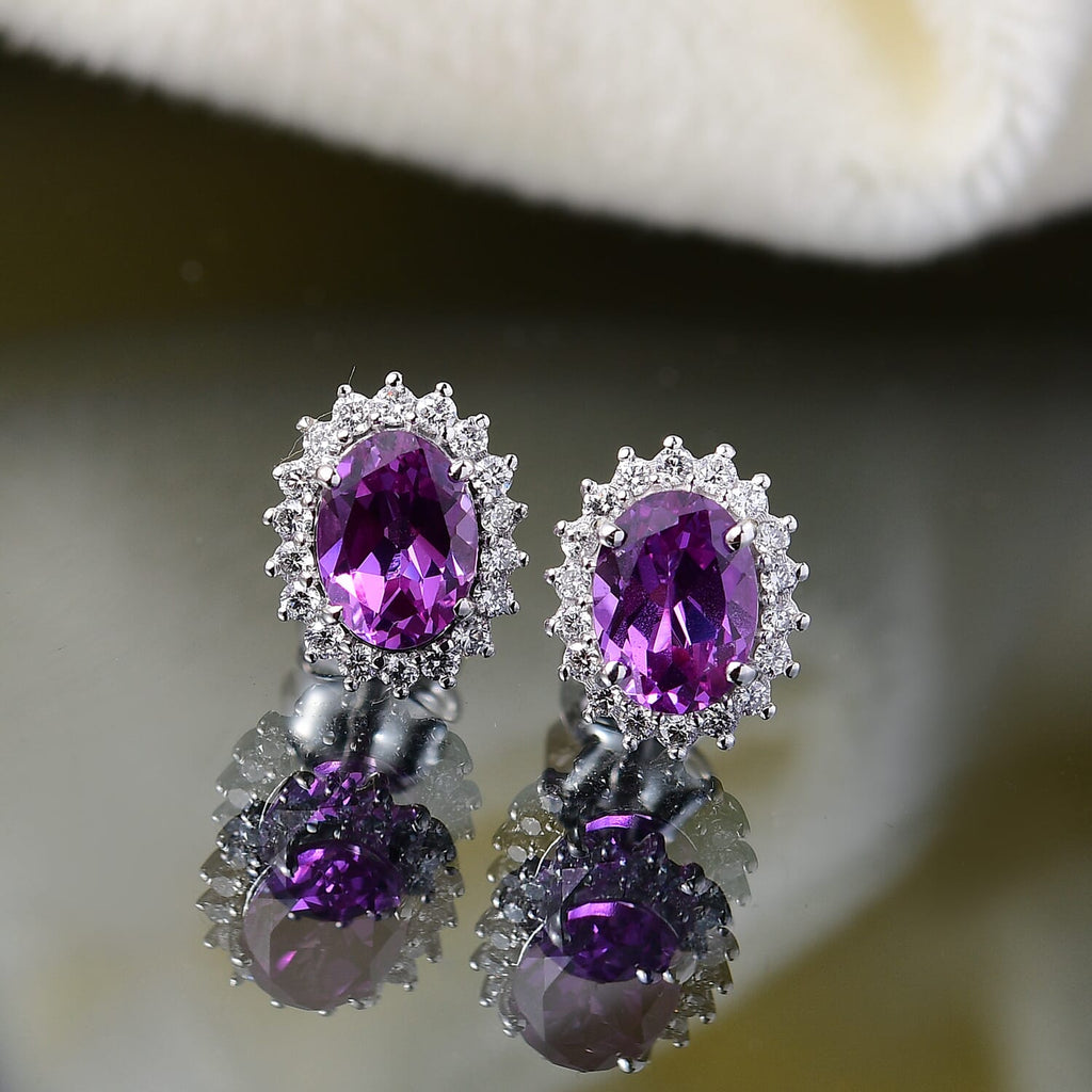 Luxuriant 9K White Gold AGI Certified AAA Lab Grown Color Change Sapphire & Lab Grown Diamond (SI/G-H) Solitaire Stud Push Post Earring 3.03 Ct._8115004_1