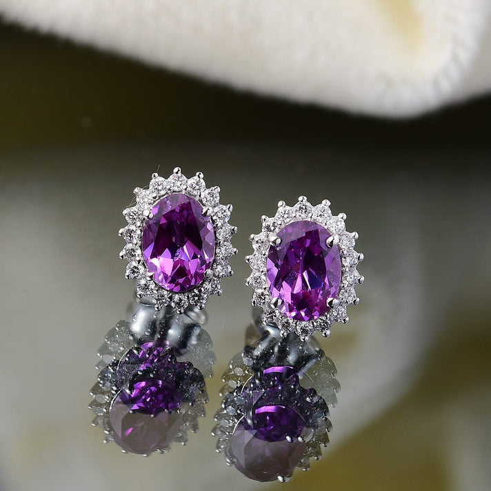 LUXURIANT AAA Lab Grown Purple Sapphire, Lab Grown Diamond Halo Earrings in 10K White Gold (G-H, SI) 8115004 2