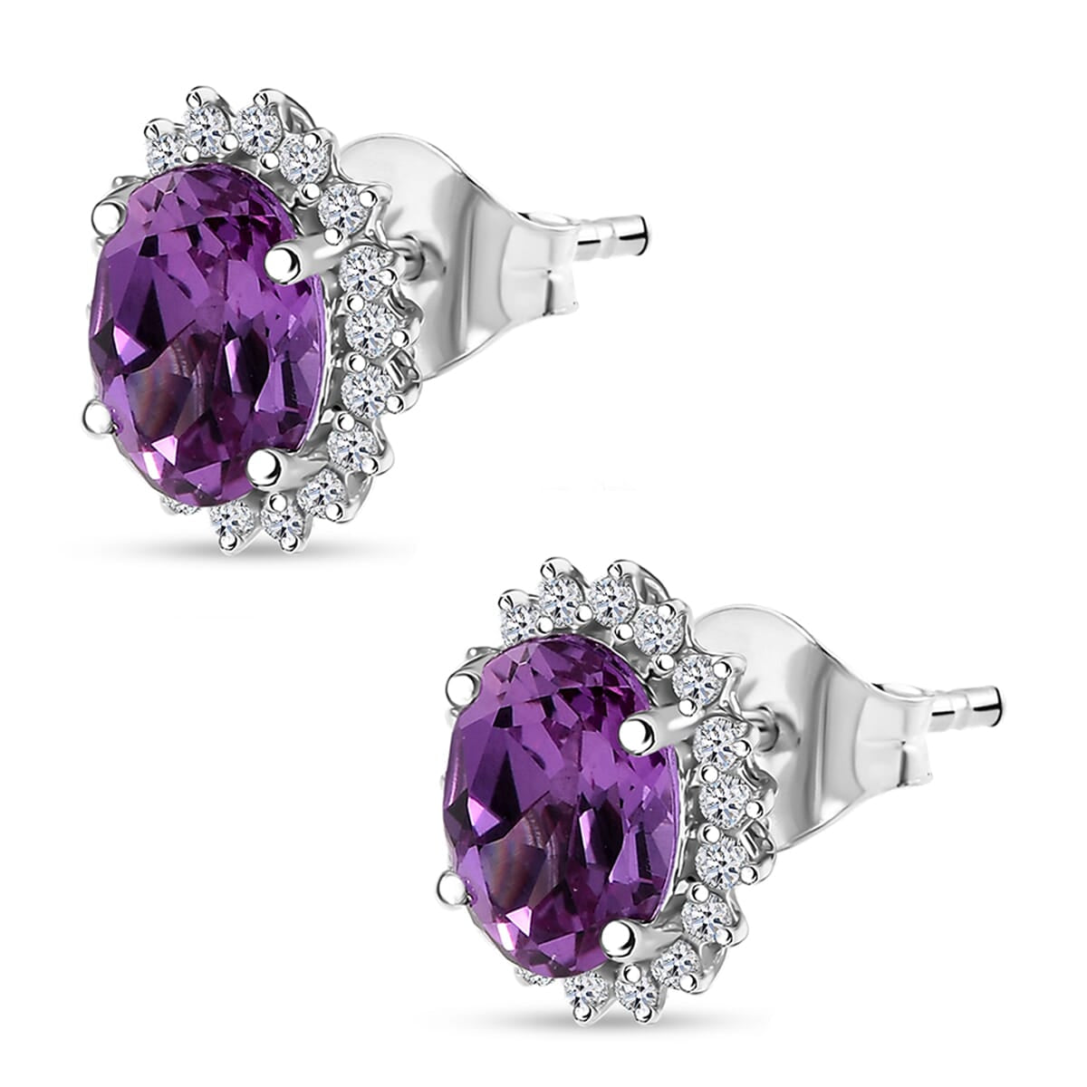 LUXURIANT AAA Lab Grown Purple Sapphire, Lab Grown Diamond Halo Earrings in 10K White Gold (G-H, SI) 8115004 4