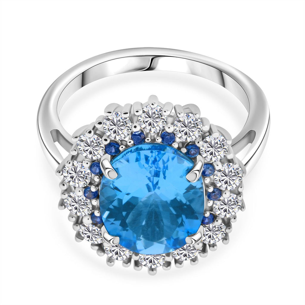 D'Joy Swiss Blue Topaz, Blue Sapphire & White Zircon Halo Ring in Rhodium Overlay Sterling Silver 5.87 Ct._8128321