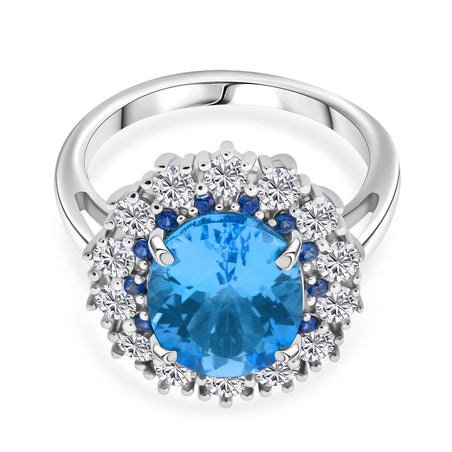 D'Joy Swiss Blue Topaz, Blue Sapphire &amp; White Zircon Halo Ring in Rhodium Overlay Sterling Silver 5.87 Ct. 8128321 1