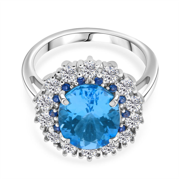 D'Joy Swiss Blue Topaz, Blue Sapphire &amp; White Zircon Halo Ring in Rhodium Overlay Sterling Silver 5.87 Ct. 8128321 1