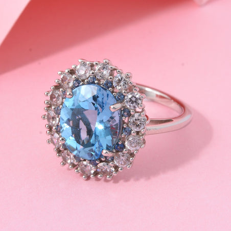 D'Joy Swiss Blue Topaz, Blue Sapphire &amp; White Zircon Halo Ring in Rhodium Overlay Sterling Silver 5.87 Ct. 8128321 2