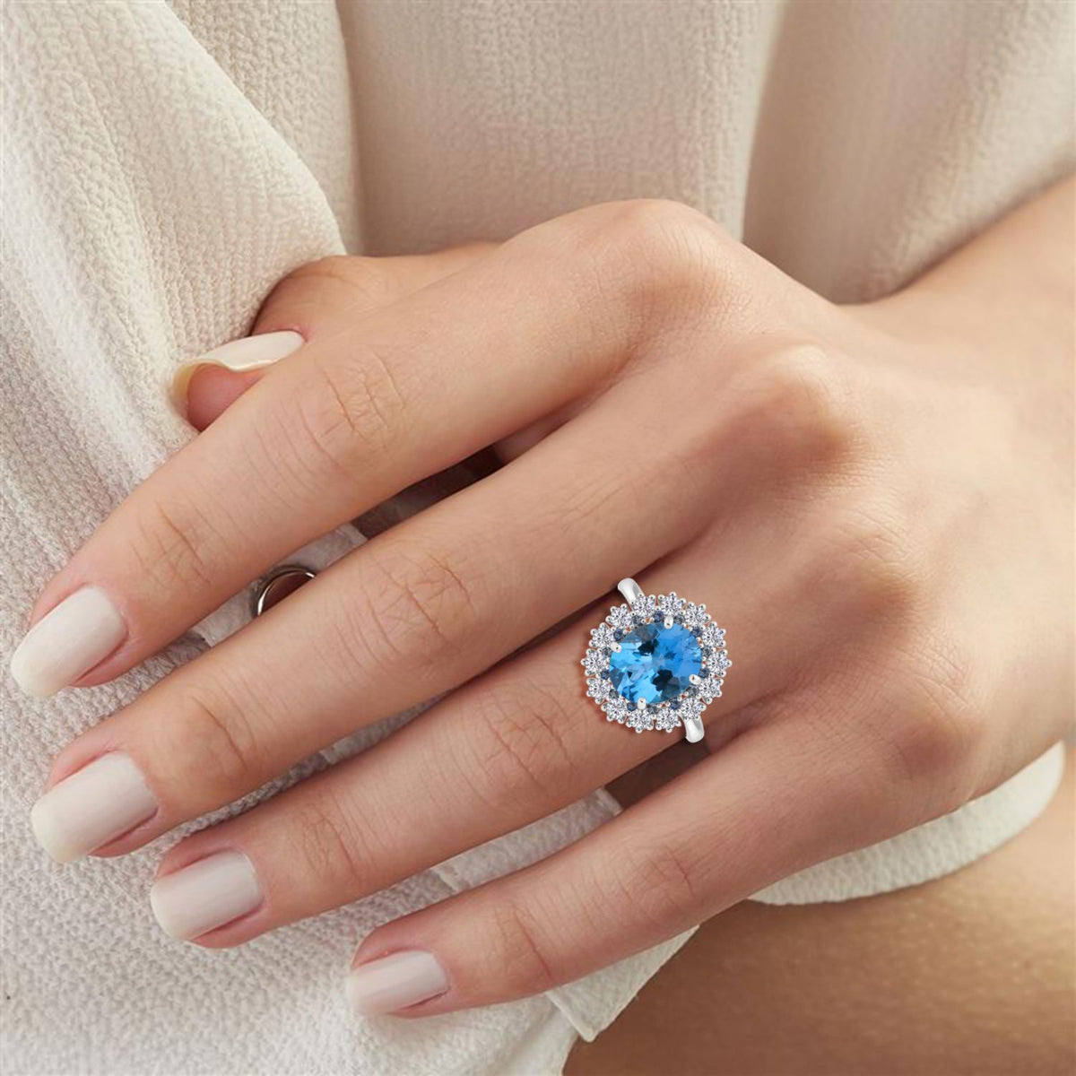 D'Joy Swiss Blue Topaz, Blue Sapphire &amp; White Zircon Halo Ring in Rhodium Overlay Sterling Silver 5.87 Ct. V32556735 2