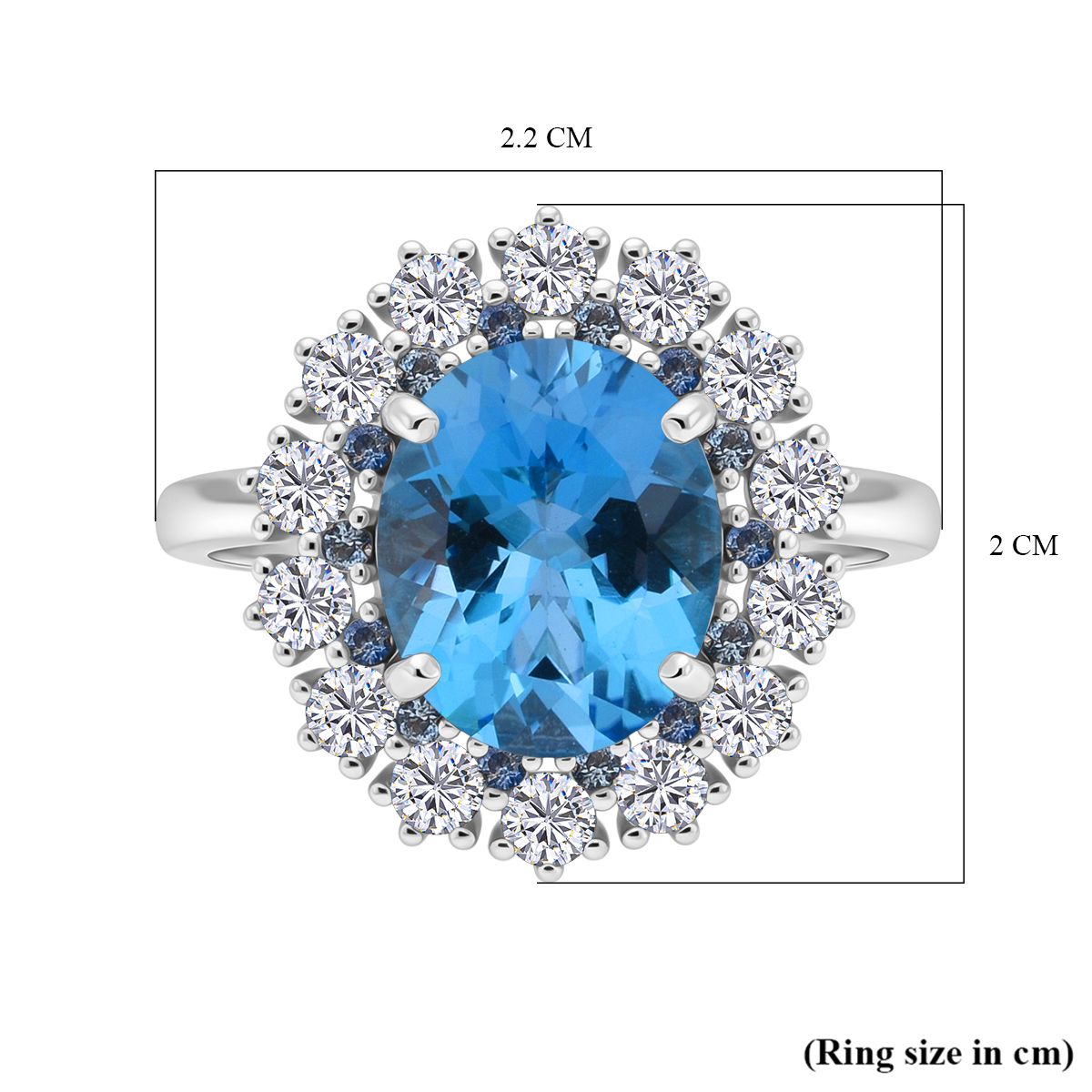 D'Joy Swiss Blue Topaz, Blue Sapphire &amp; White Zircon Halo Ring in Rhodium Overlay Sterling Silver 5.87 Ct. V32556735 5
