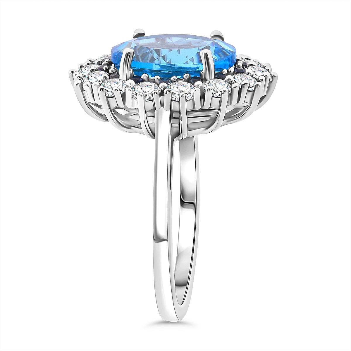 D'Joy Swiss Blue Topaz, Blue Sapphire &amp; White Zircon Halo Ring in Rhodium Overlay Sterling Silver 5.87 Ct. V32656155 3