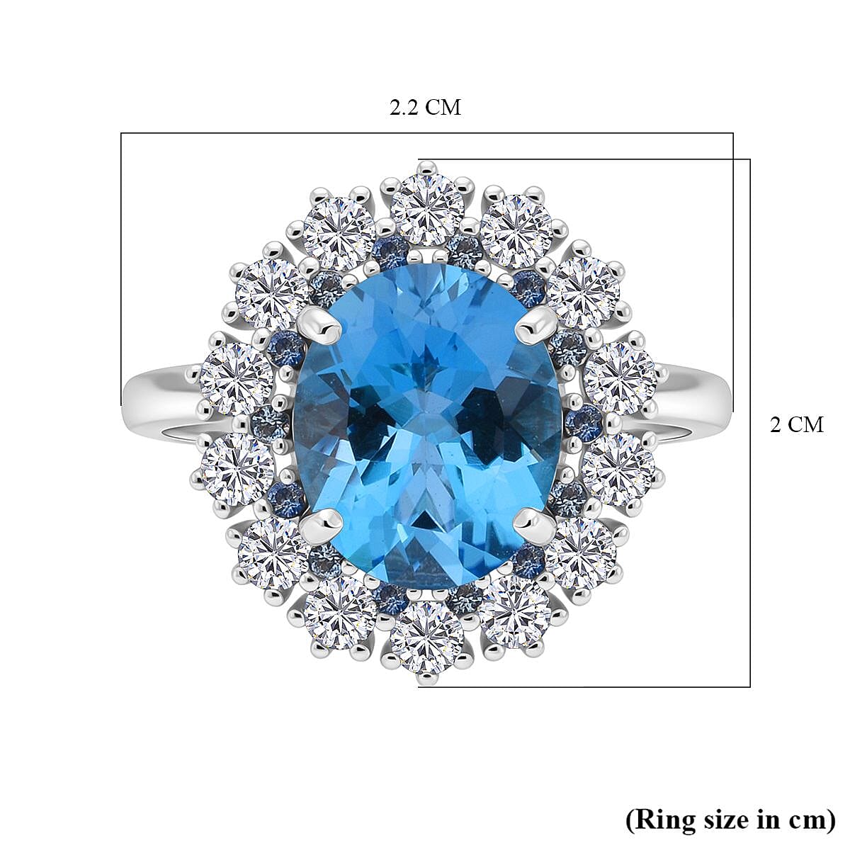 D'Joy Swiss Blue Topaz, Blue Sapphire &amp; White Zircon Halo Ring in Rhodium Overlay Sterling Silver 5.87 Ct. V32656155 5
