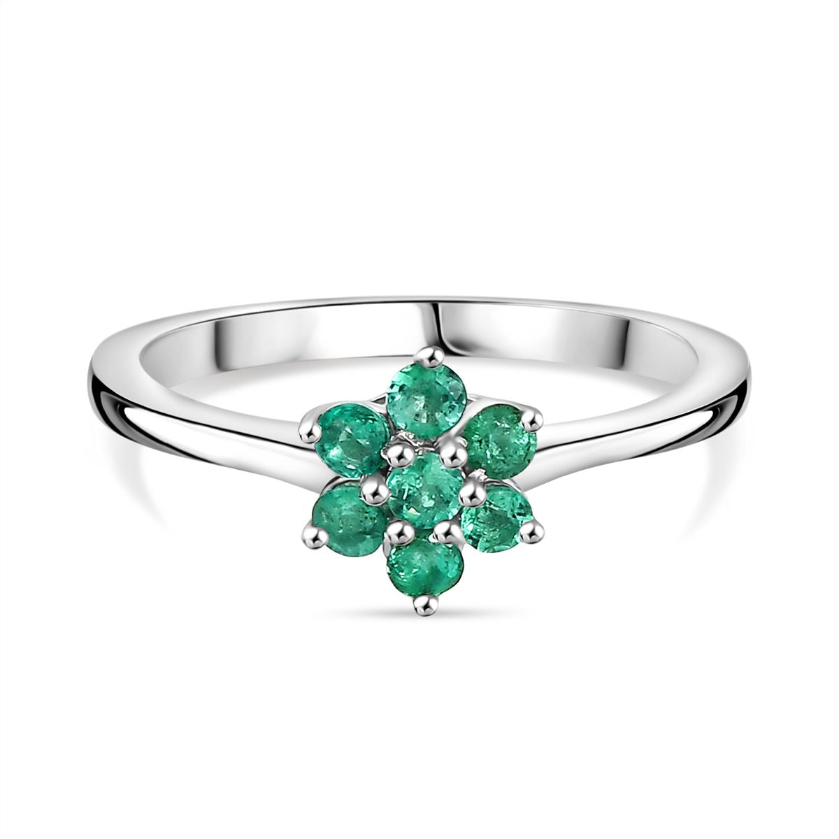 Colombian Emerald Solitaire Flower Ring in Rhodium Overlay Sterling Silver V32638397 7