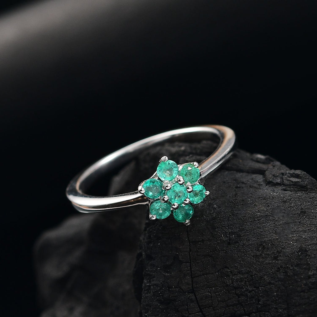 Colombian Emerald Solitaire Flower Ring in Rhodium Overlay Sterling Silver_8128768_1