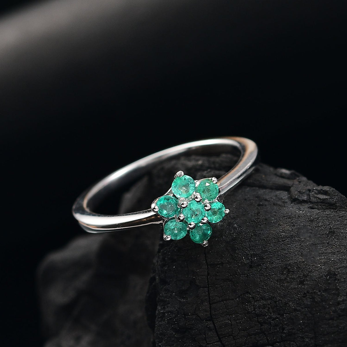 Colombian Emerald Solitaire Flower Ring in Rhodium Overlay Sterling Silver V32638397 8