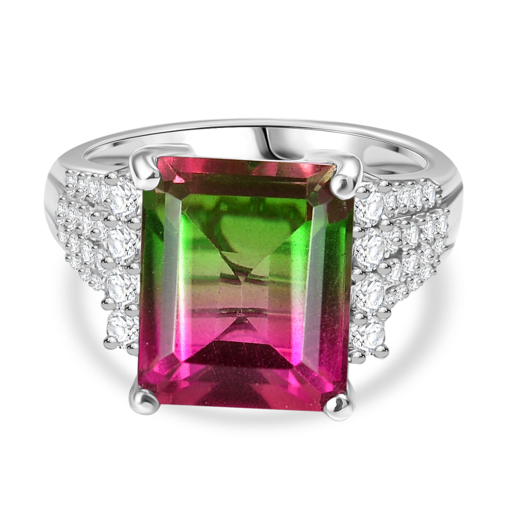 Watermelon Quartz Triplet & White Zircon Cocktail Ring in Rhodium Overlay Sterling Silver 7.17 Ct._8129010