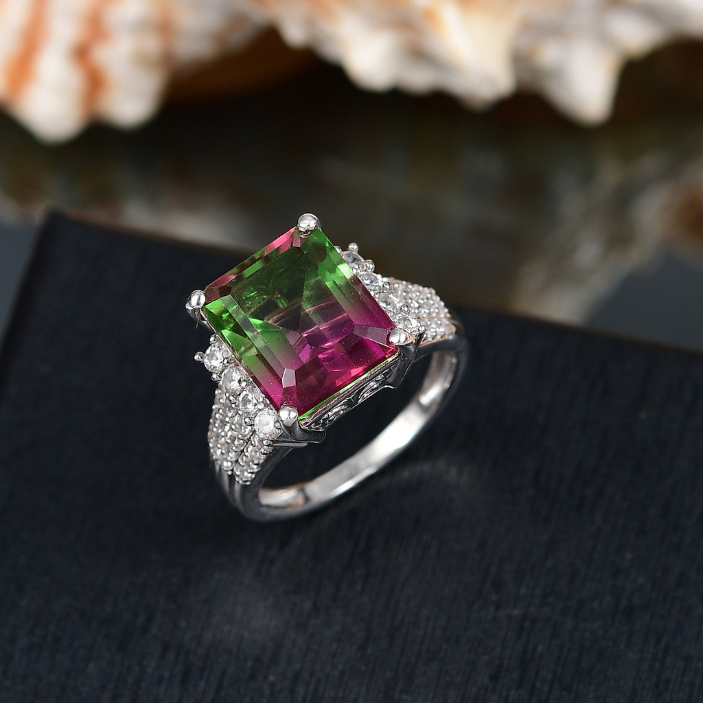 Watermelon Quartz Triplet & White Zircon Cocktail Ring in Rhodium Overlay Sterling Silver 7.17 Ct._8129010_1