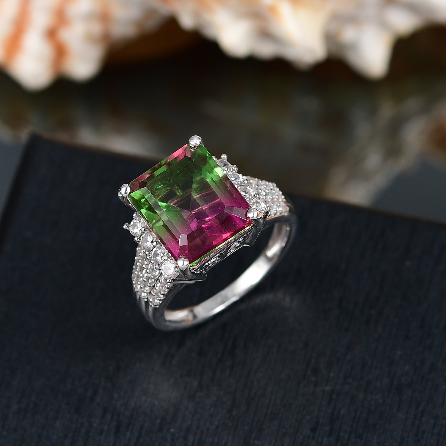 Watermelon Quartz Triplet &amp; White Zircon Cocktail Ring in Rhodium Overlay Sterling Silver 7.17 Ct. V32535695 2