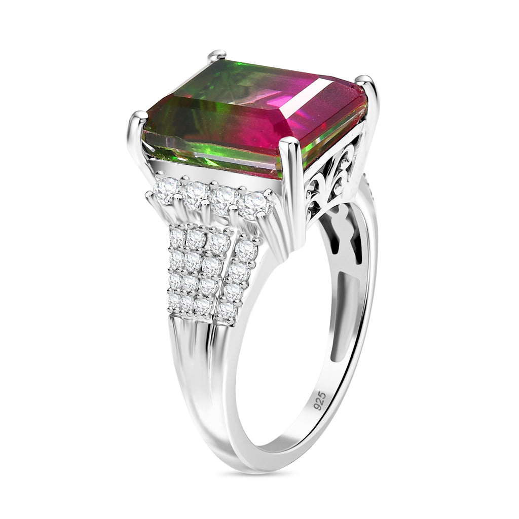 Watermelon Quartz Triplet & White Zircon Cocktail Ring in Rhodium Overlay Sterling Silver 7.17 Ct._8129010_3