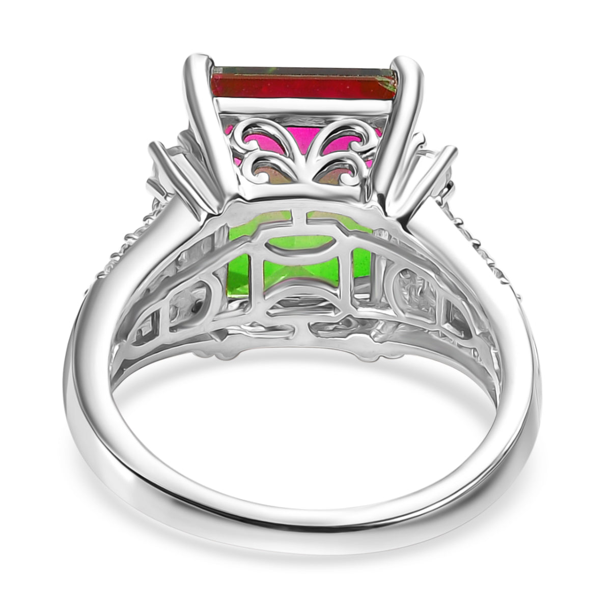 Watermelon Quartz Triplet &amp; White Zircon Cocktail Ring in Rhodium Overlay Sterling Silver 7.17 Ct. V32535695 5