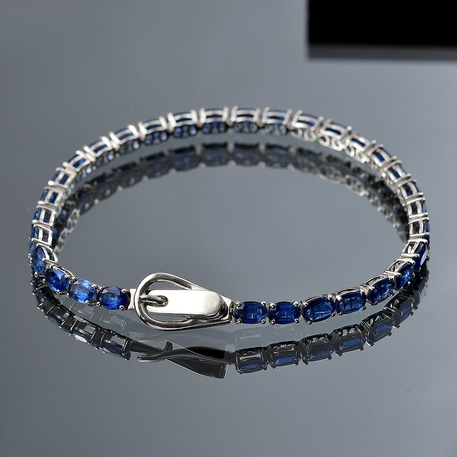 Premium Natural Kashmir Kyanite Tennis Line Bracelet (Size - 8) with Buckle Clasp in Rhodium Overlay Sterling Silver 18.11 Ct. V32515623 2