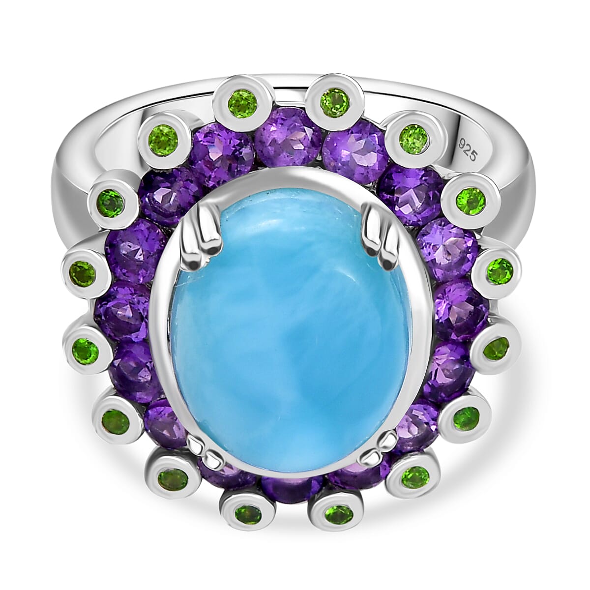 Larimar, Natural Chrome Diopside &amp; African Amethyst Ring in Rhodium Overlay Sterling Silver 7.50 Ct. 8132043 0
