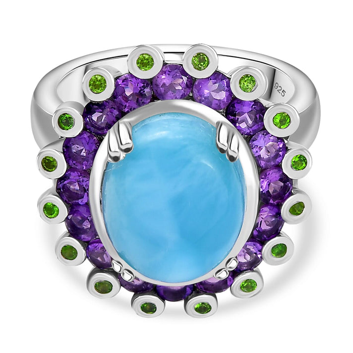 Larimar, Natural Chrome Diopside &amp; African Amethyst Ring in Rhodium Overlay Sterling Silver 7.50 Ct. 8132043 1