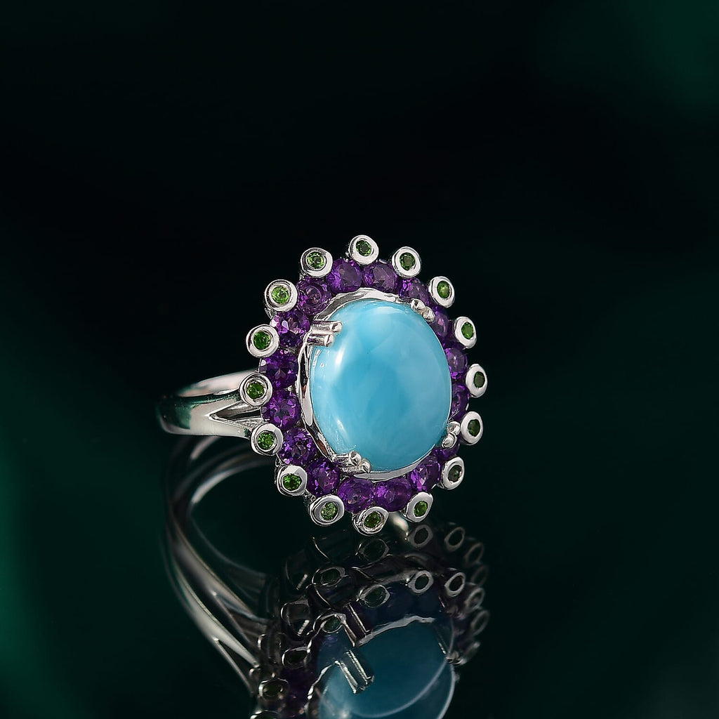 Larimar, Natural Chrome Diopside & African Amethyst Ring in Rhodium Overlay Sterling Silver 7.50 Ct._8132043_1