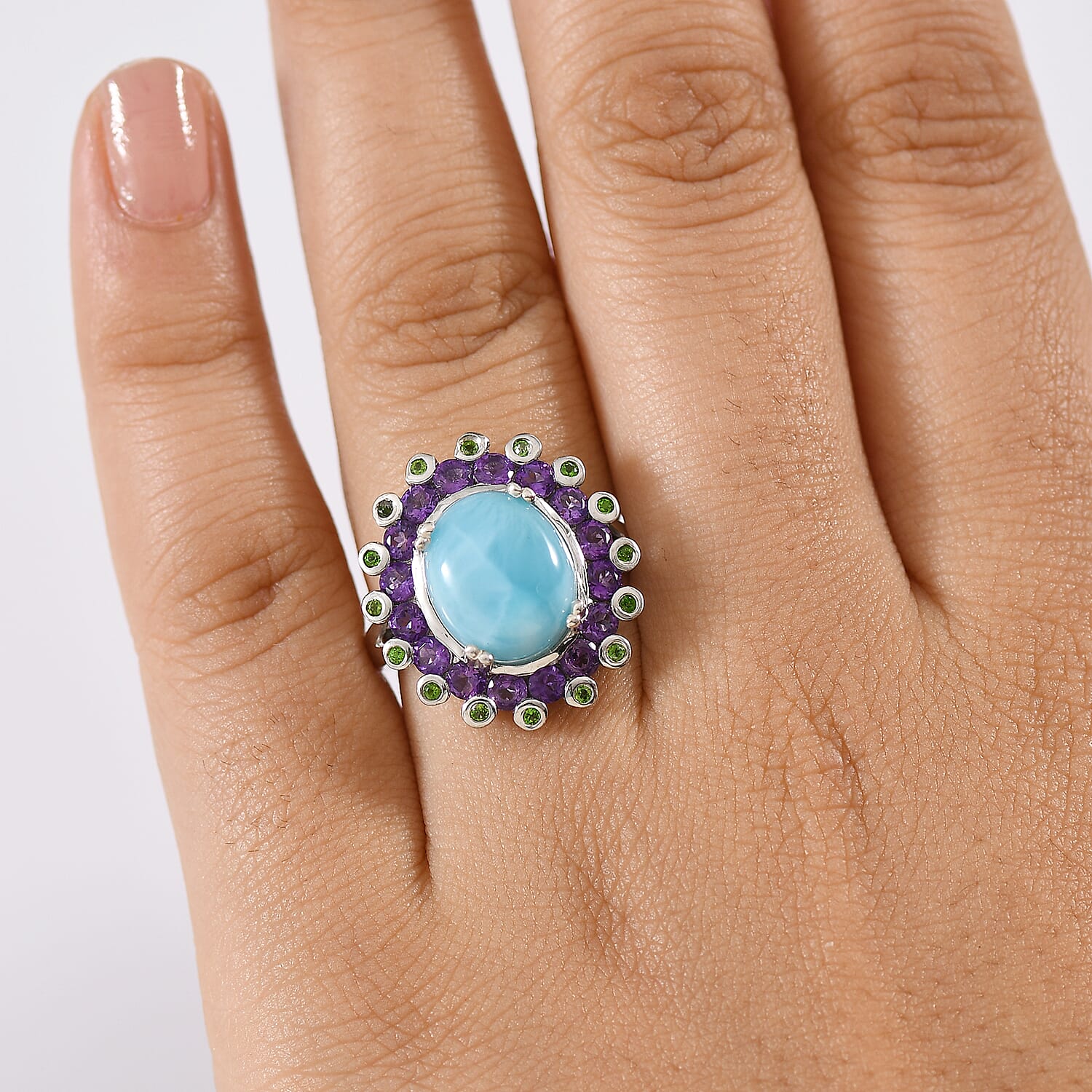 Larimar, Natural Chrome Diopside &amp; African Amethyst Ring in Rhodium Overlay Sterling Silver 7.50 Ct. 8132043 3