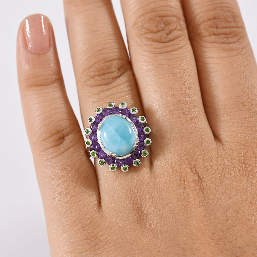 Larimar, Natural Chrome Diopside & African Amethyst Ring in Rhodium Overlay Sterling Silver 7.50 Ct._8132045_2