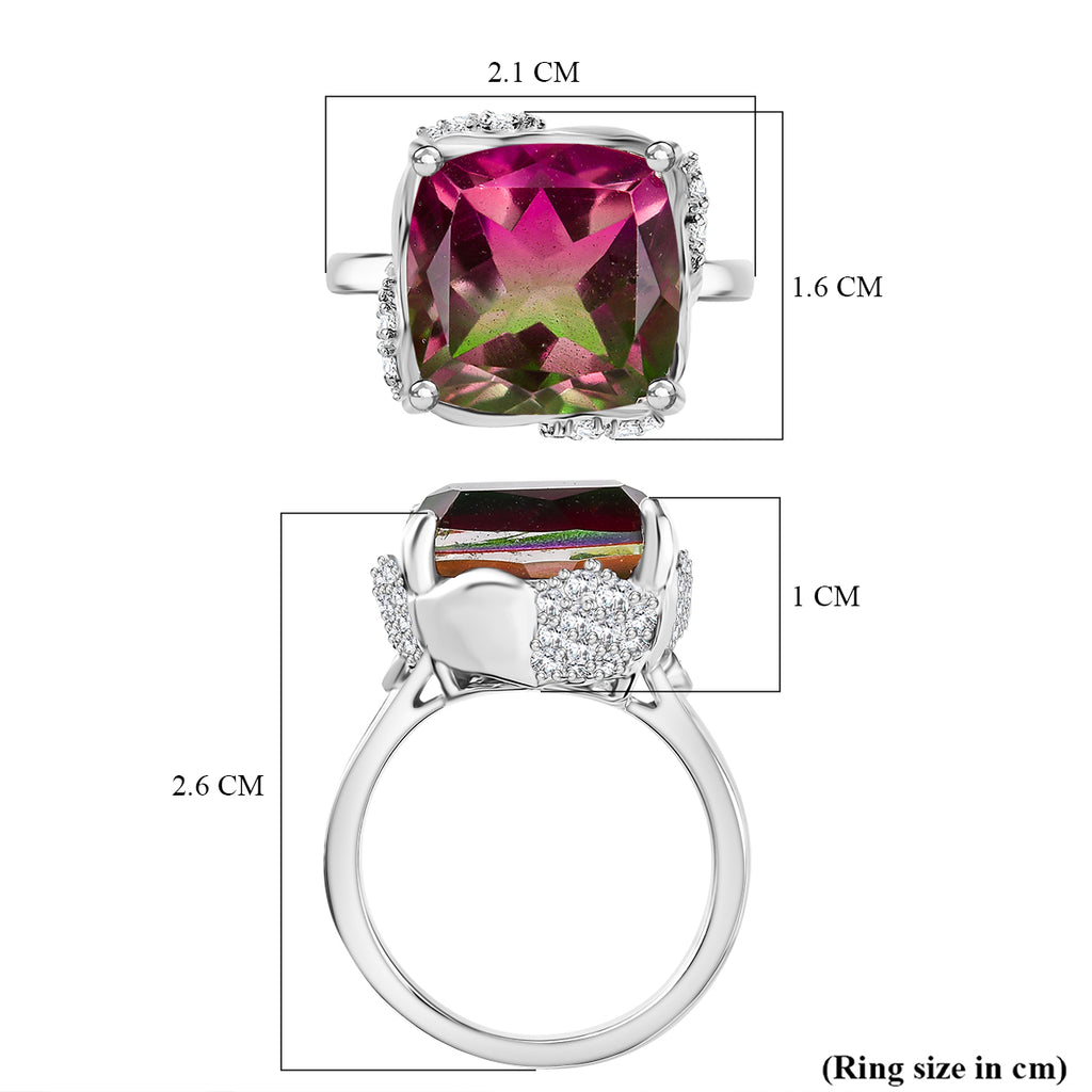 Watermelon Quartz Triplet & White Zircon Solitaire Ring in Rhodium Overlay Sterling Silver 8.97 Ct._8132177_5