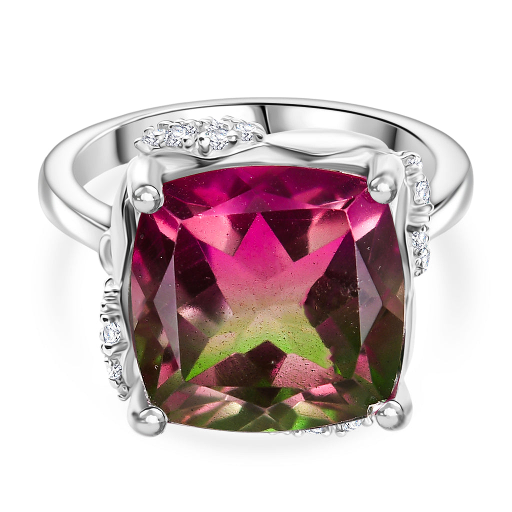 Watermelon Quartz Triplet & White Zircon Solitaire Ring in Rhodium Overlay Sterling Silver 8.97 Ct._8132179