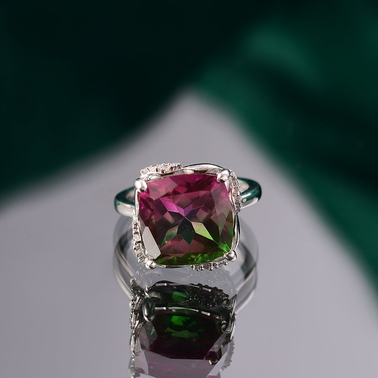 Watermelon Quartz Triplet &amp; White Zircon Solitaire Ring in Rhodium Overlay Sterling Silver 8.97 Ct. V32530575 2