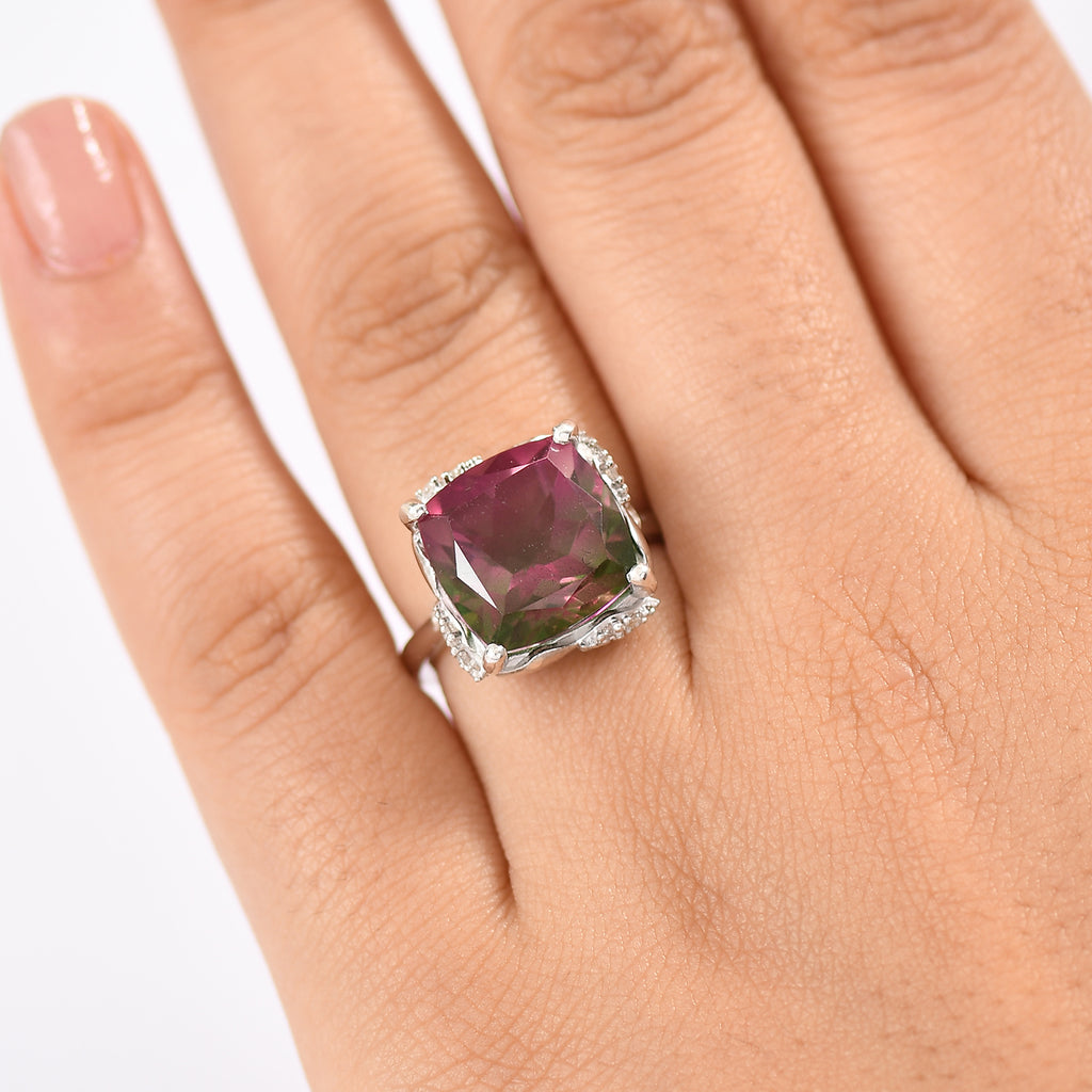 Watermelon Quartz Triplet & White Zircon Solitaire Ring in Rhodium Overlay Sterling Silver 8.97 Ct._8132179_2