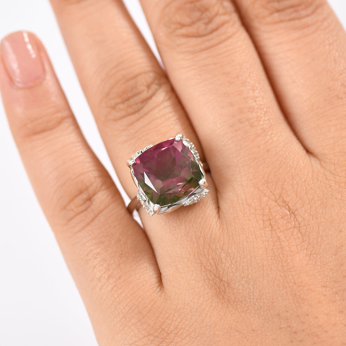 Watermelon Quartz Triplet &amp; White Zircon Solitaire Ring in Rhodium Overlay Sterling Silver 8.97 Ct. V32530575 3