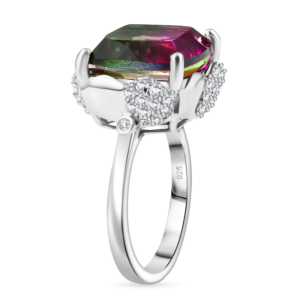 Watermelon Quartz Triplet & White Zircon Solitaire Ring in Rhodium Overlay Sterling Silver 8.97 Ct._8132179_3