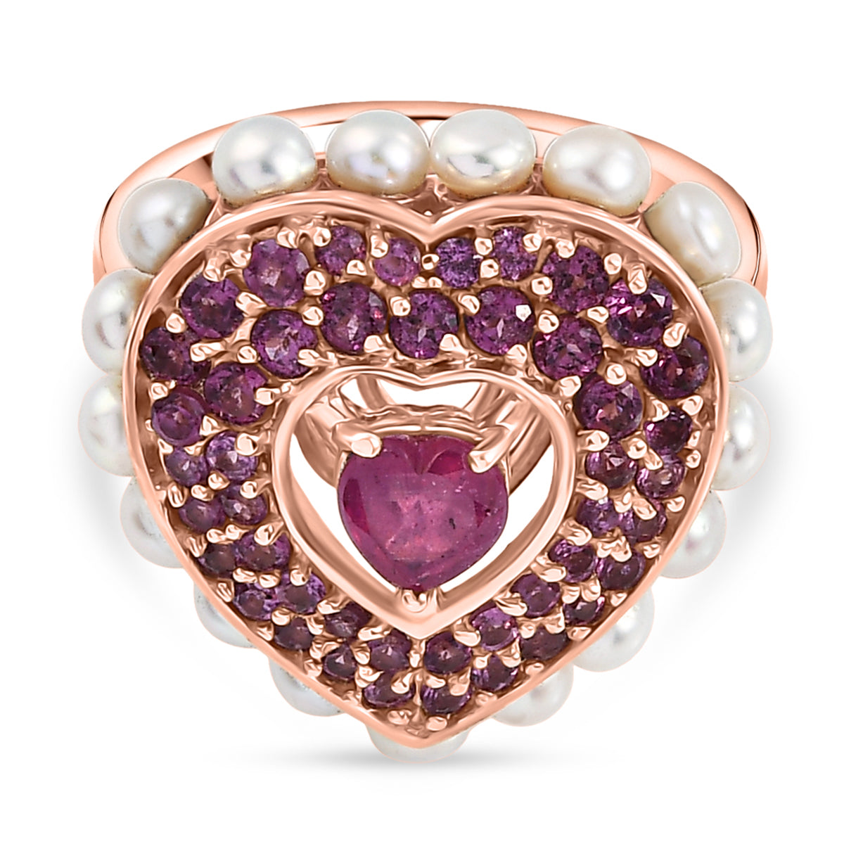 African Ruby, Rhodolite Garnet &amp; Pearl Cluster Heart Ring in 18K Vermeil Rose Gold Plated Sterling Silver 5.15 Ct. V32512556 0