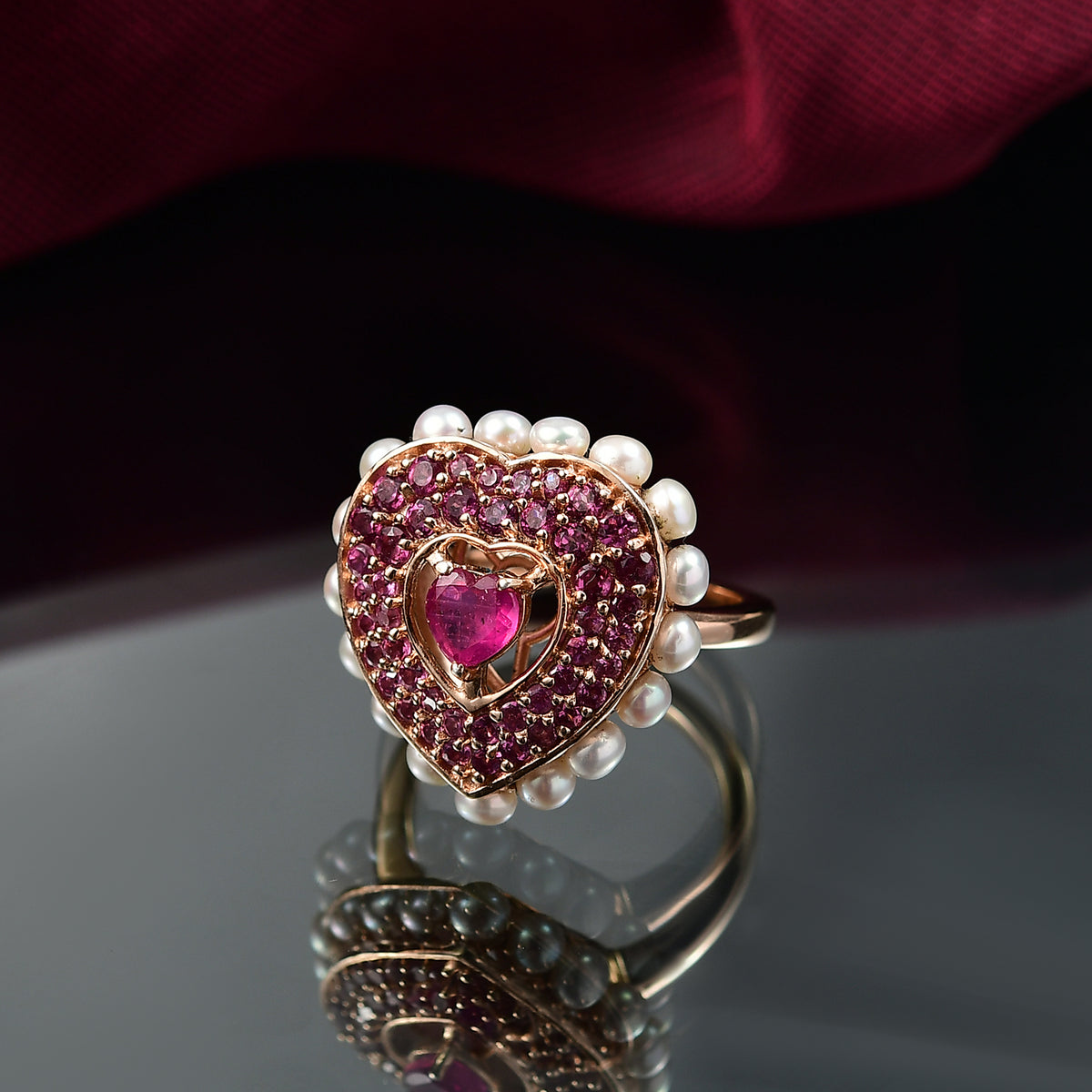 African Ruby, Rhodolite Garnet &amp; Pearl Cluster Heart Ring in 18K Vermeil Rose Gold Plated Sterling Silver 5.15 Ct. V32512556 2