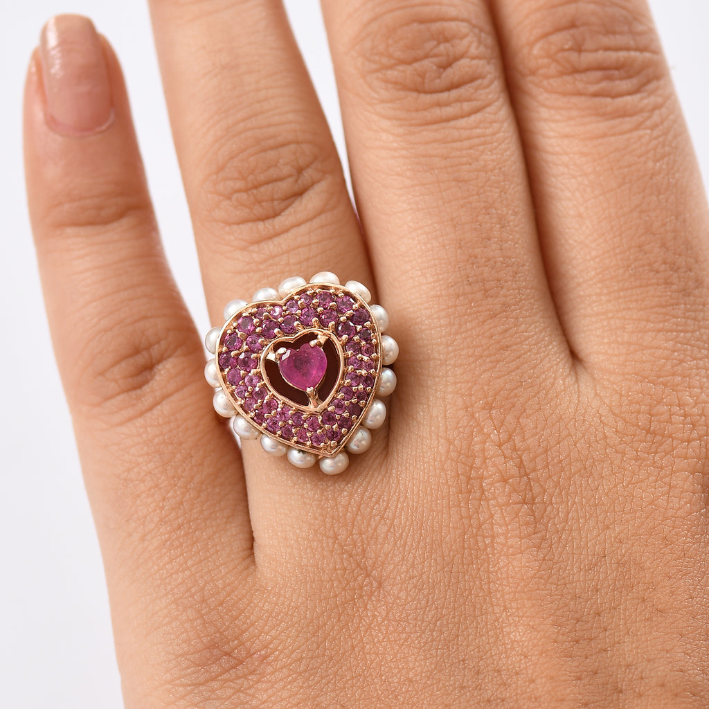African Ruby, Rhodolite Garnet, Pearl Main Stone With Side Stone Ring in 18K RG VermeilSterling Silver, Silver Wt.6 Gms  5.144  Ct._8132235_2