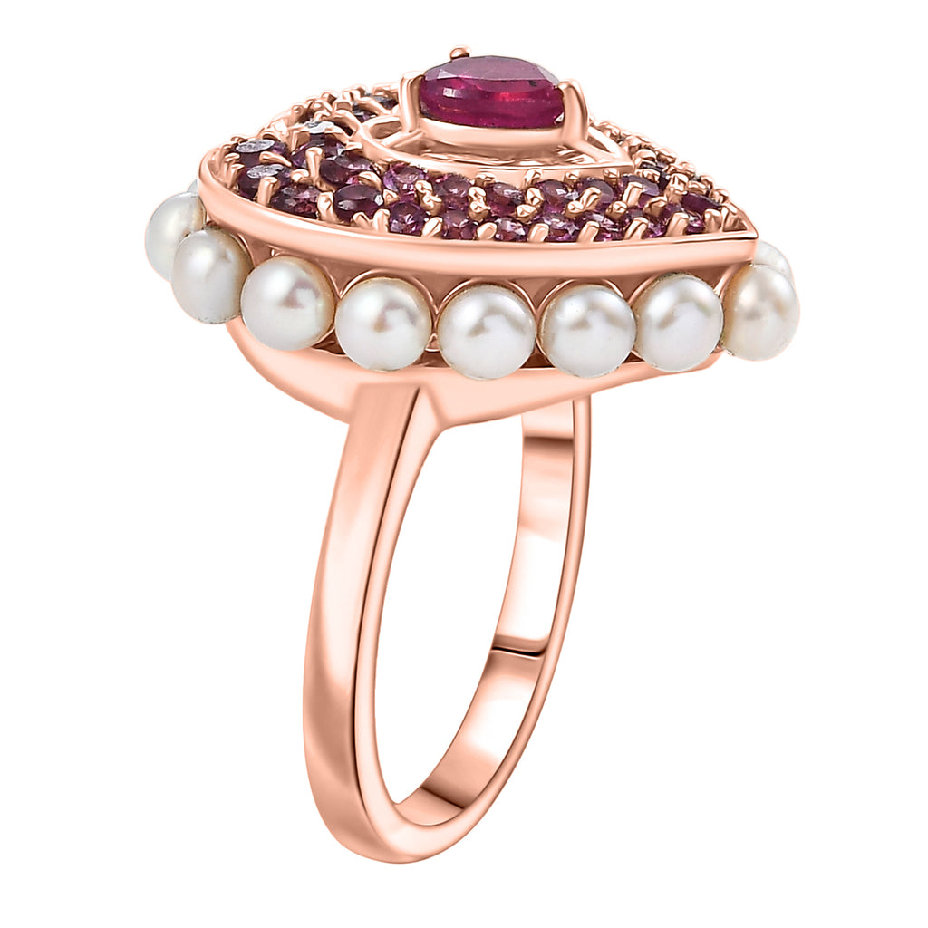 African Ruby, Rhodolite Garnet, Pearl Main Stone With Side Stone Ring in 18K RG VermeilSterling Silver, Silver Wt.6 Gms  5.144  Ct._8132235_3