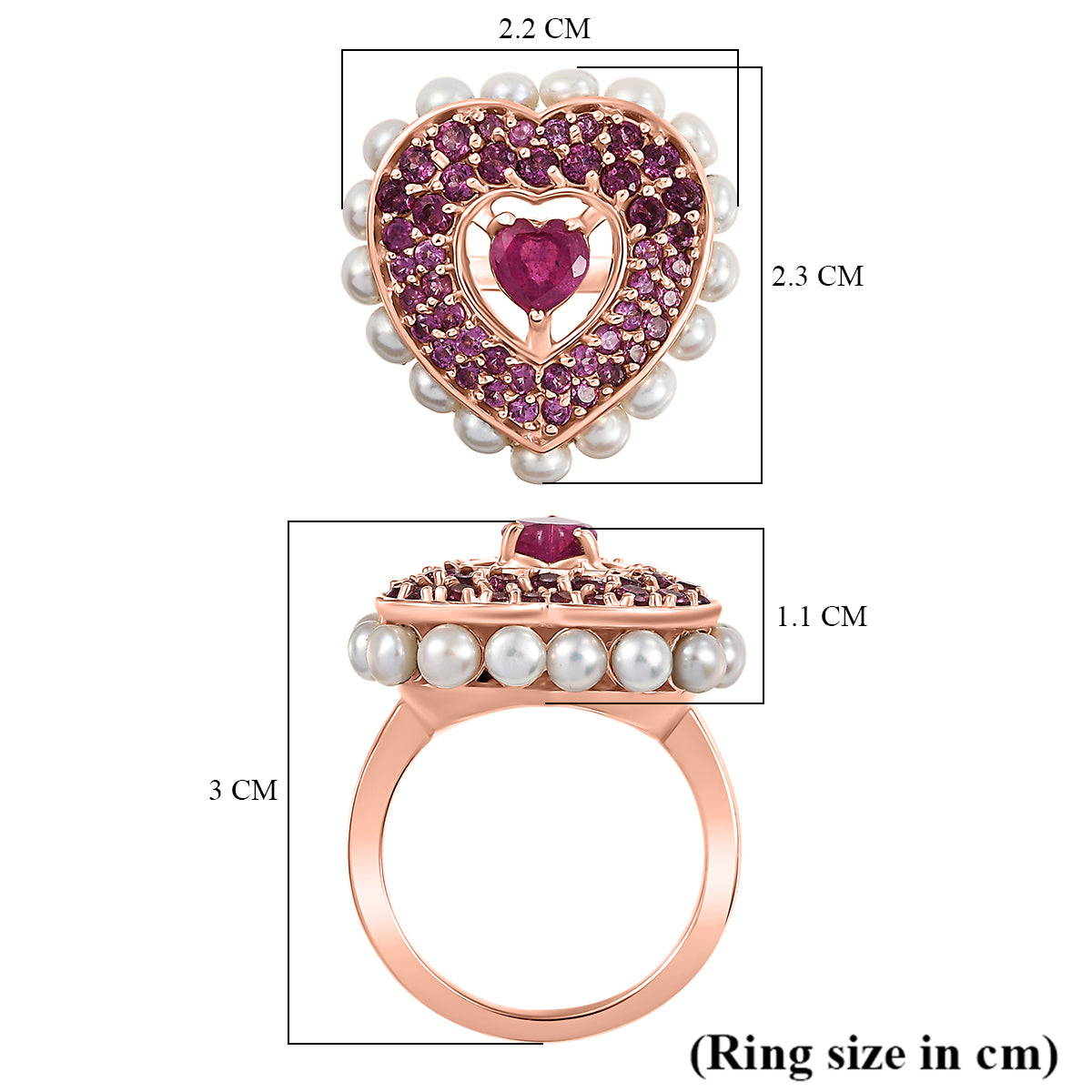African Ruby, Rhodolite Garnet &amp; Pearl Cluster Heart Ring in 18K Vermeil Rose Gold Plated Sterling Silver 5.15 Ct. V32512556 6