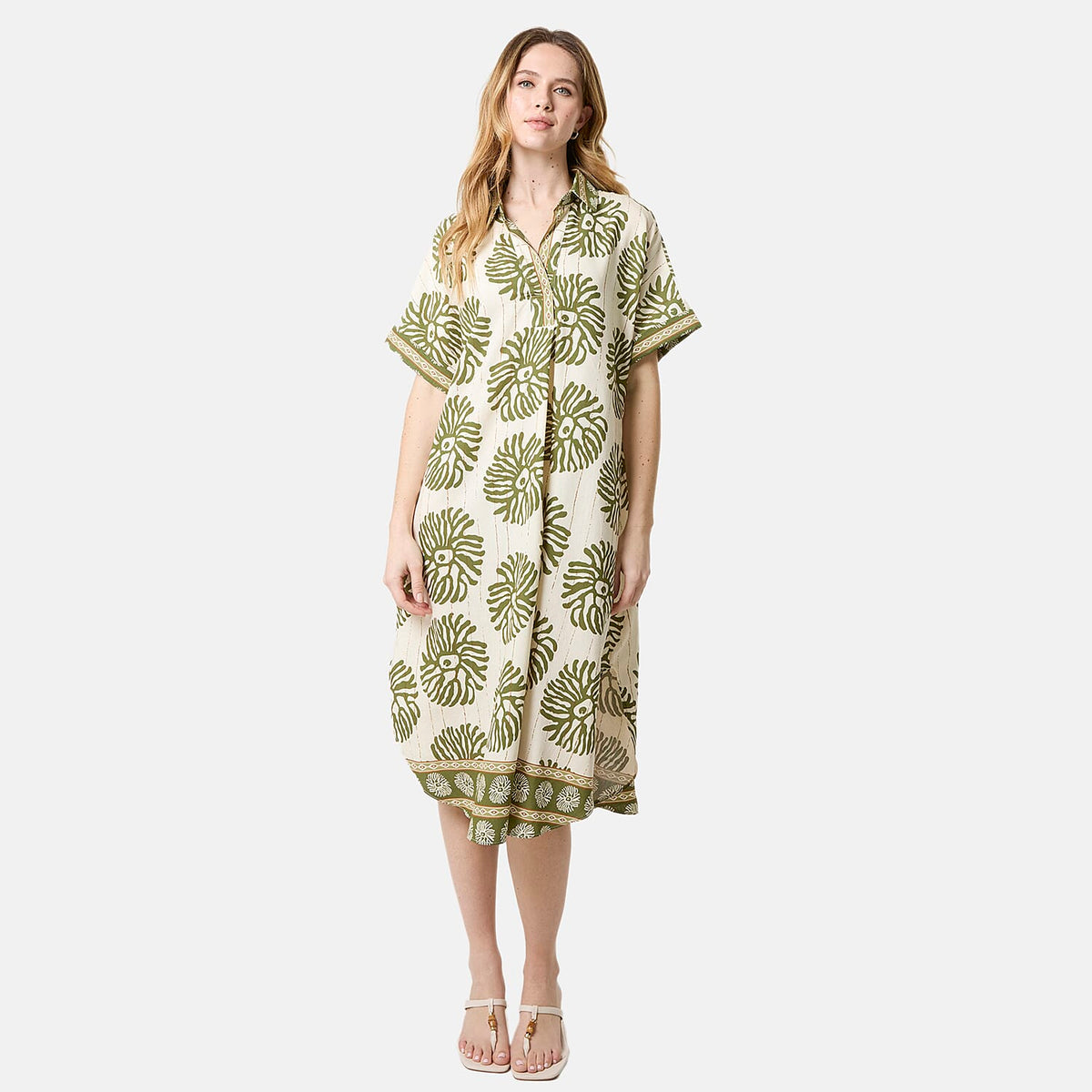 QED Floral Print and Gold Detail Loose Fit Collared Viscose Shirt Dress 8132440 0