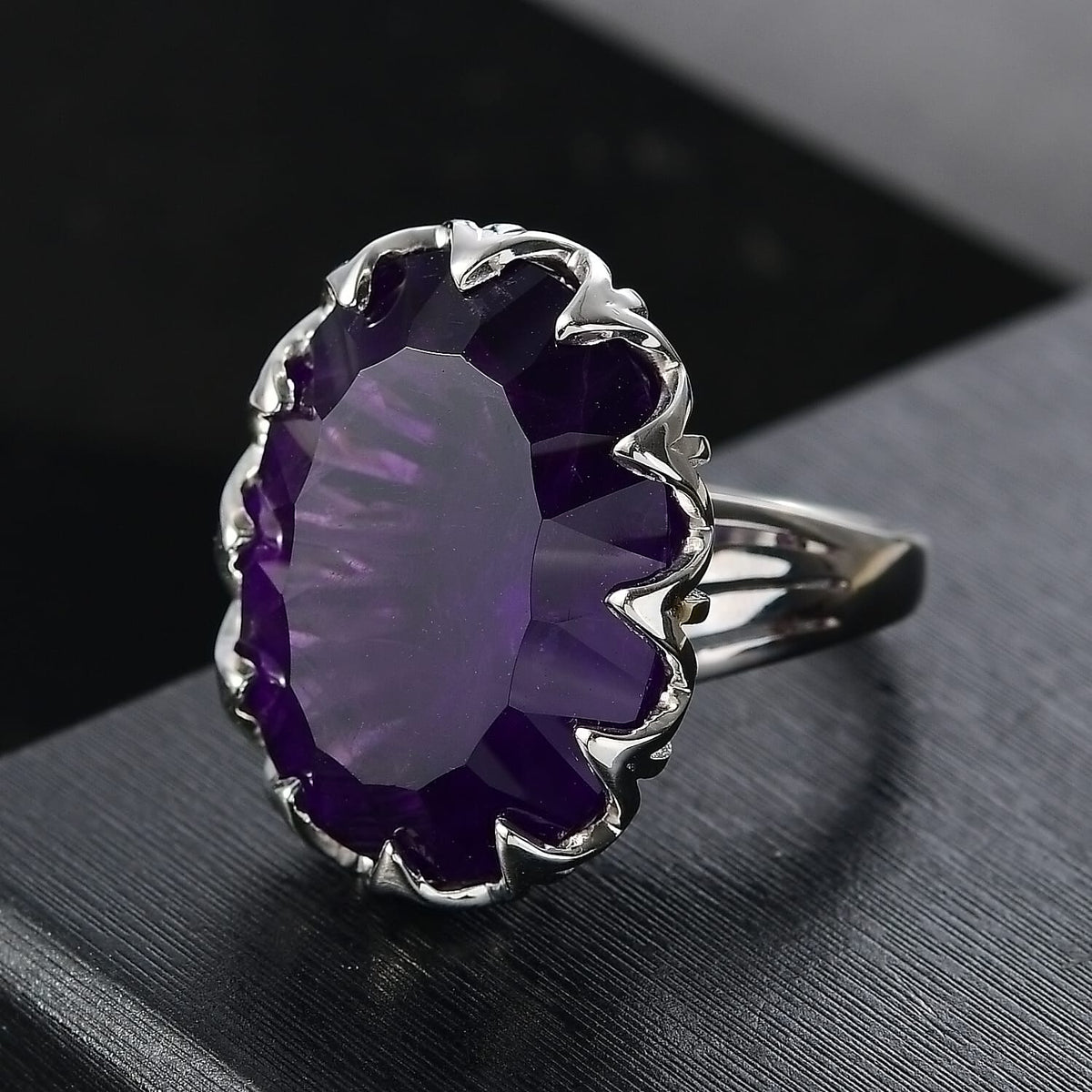 AAA African Amethyst Concave Cut Solitaire Ring in Rhodium OverlaySterling Silver 35.322  Ct. 8132600 2