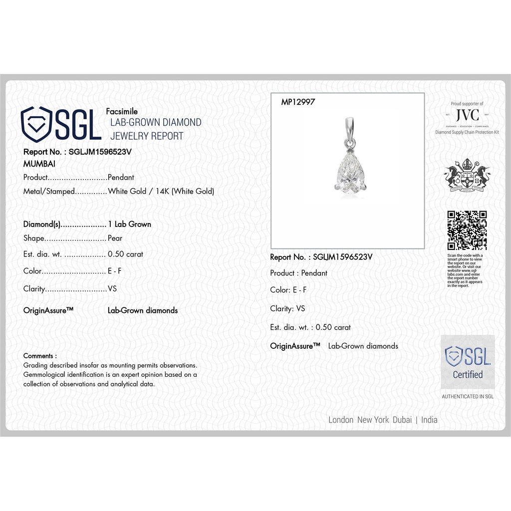 Luxuriant Diamond 14K White Gold SGL Certified (VS-E-F) Pear Cut Lab Grown Diamond Pendant