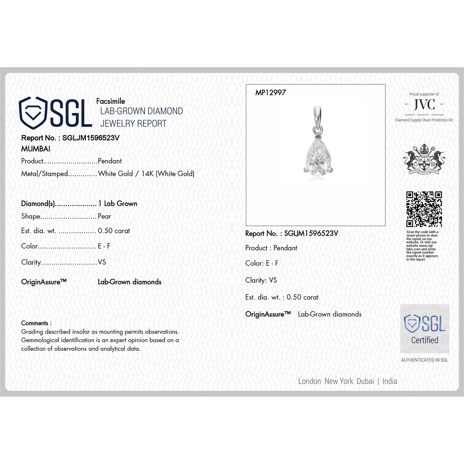 LUXURIANT 14K White Gold SGL Certified (VS/E-F) Pear Cut Lab Grown Diamond Pendant 8133015 7