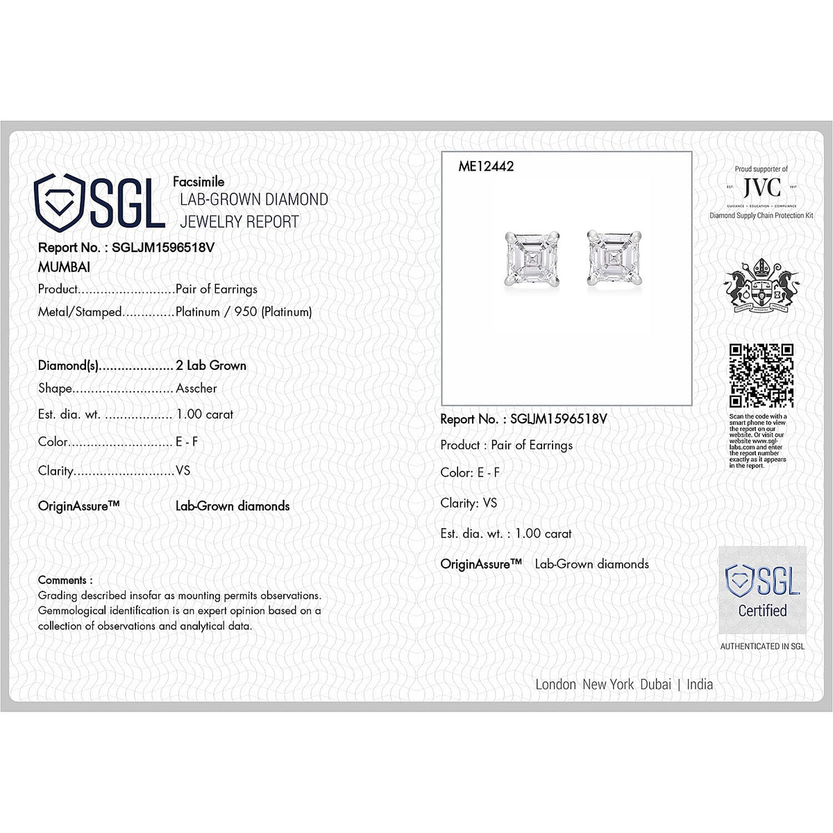 LUXURIANT 950 Platinum SGL Certified (VS/E-F) Asscher Cut Lab Grown Diamond Stud Earring with Screw Back 1 Ct. 8133115 6