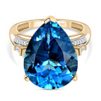 9K Yellow Gold AAA London Blue Topaz & White Diamond (I2-GH) Solitaire Ring 13.26 Ct, Gold Wt.3.36 Gms.