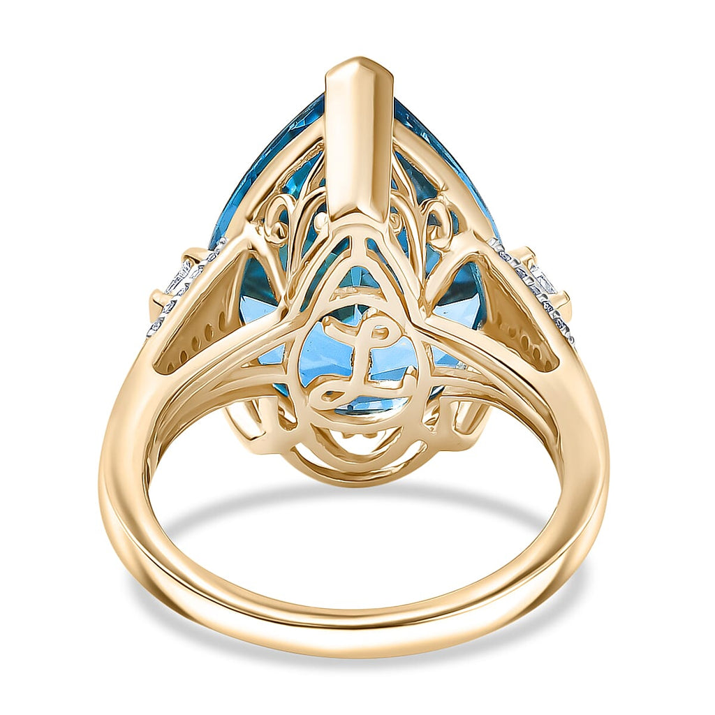 9K Yellow Gold AAA London Blue Topaz & White Diamond (I2-GH) Solitaire Ring 13.26 Ct, Gold Wt.3.36 Gms.