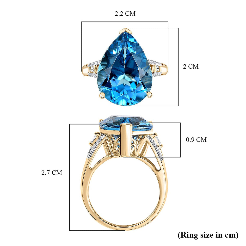 9K Yellow Gold AAA London Blue Topaz & White Diamond (I2-GH) Solitaire Ring 13.26 Ct, Gold Wt.3.36 Gms.