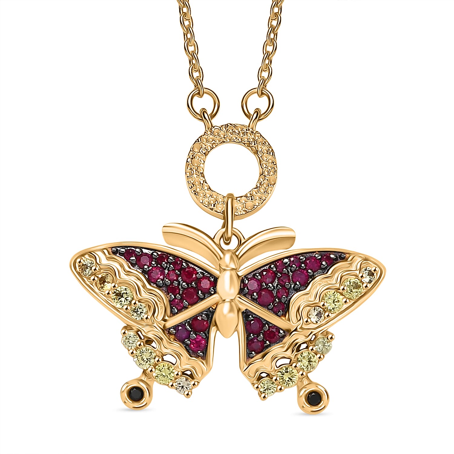 GP Italian Garden Collection - Red Sapphire, Multi Gemstones Butterfly Necklace (Size - 20) in 18K Vermeil Yellow Gold Over Sterling Silver 8134752 0
