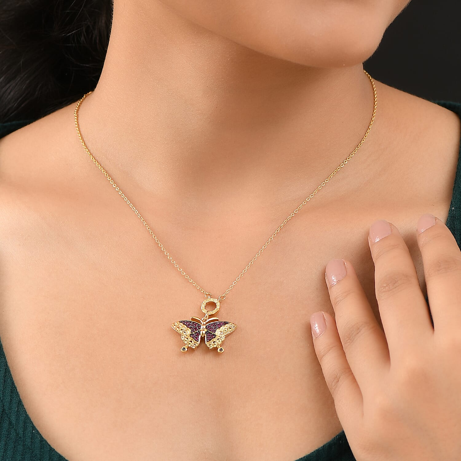 GP Italian Garden Collection - Red Sapphire, Multi Gemstones Butterfly Necklace (Size - 20) in 18K Vermeil Yellow Gold Over Sterling Silver 8134752 3