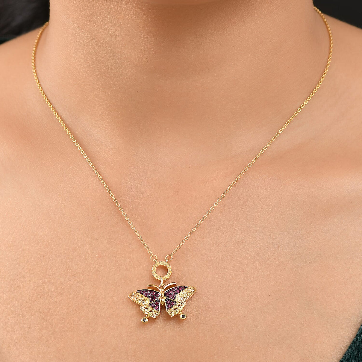 GP Italian Garden Collection - Red Sapphire, Multi Gemstones Butterfly Necklace (Size - 20) in 18K Vermeil Yellow Gold Over Sterling Silver 8134752 4