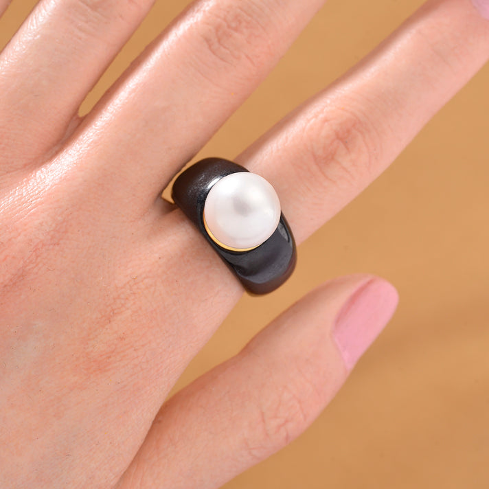 Edison Pearl (11-12MM), Black Jade Ring in 18K Vermeil Yellow Gold Plated Sterling Silver 42.00 Ct. 8147601 2