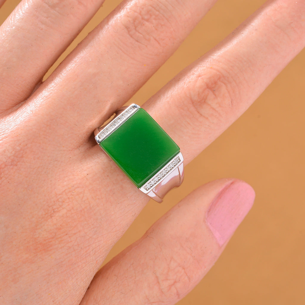 Green Jade & Moissanite Solitaire Ring in Rhodium Overlay Sterling Silver 6.97 Ct, Silver Wt. 6.50_8147688_1