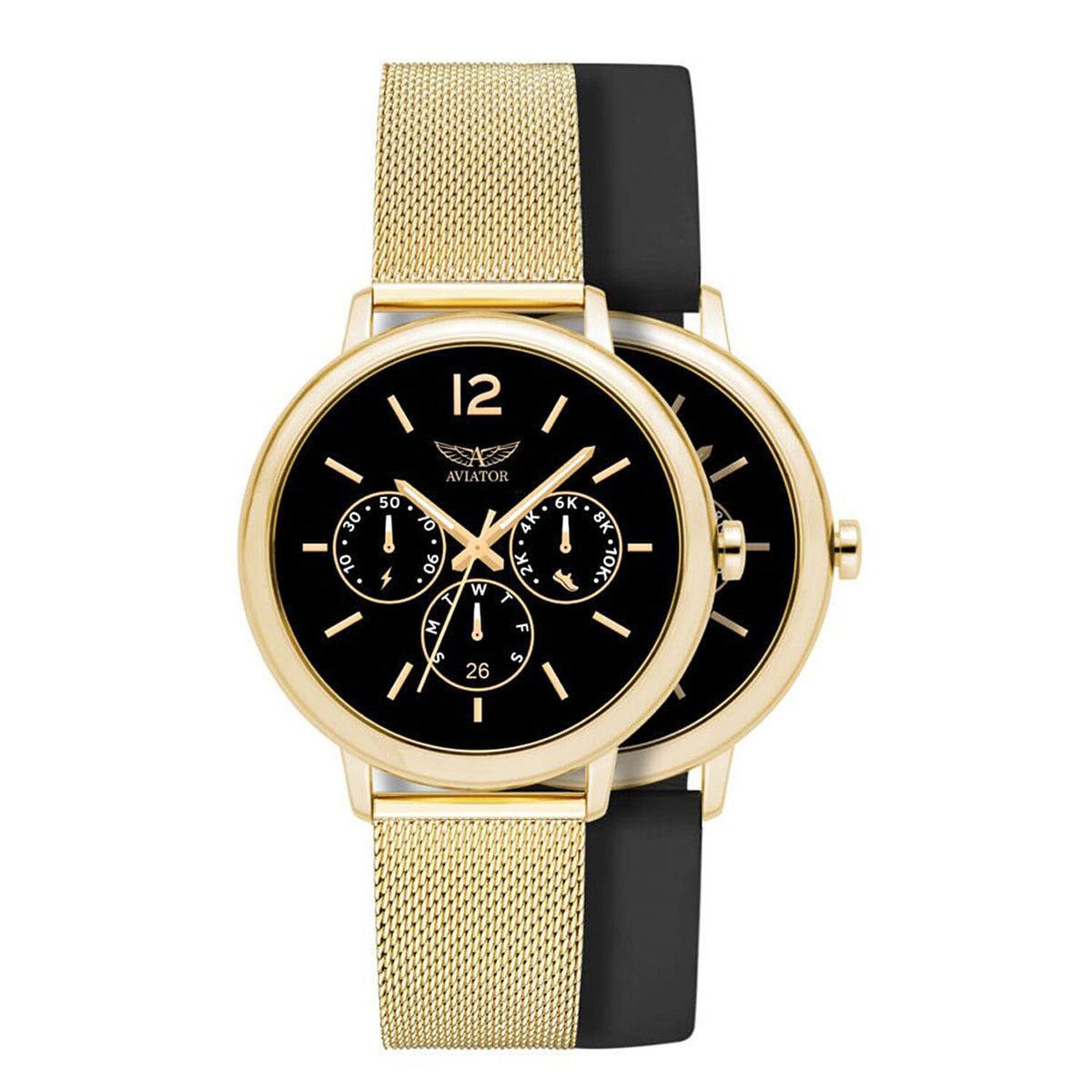 Aviator Ladies Smartwatch with Heart Rate and Menstrual Tracker â€“ Gold Milanese and Black Silicone Straps V32579025 0